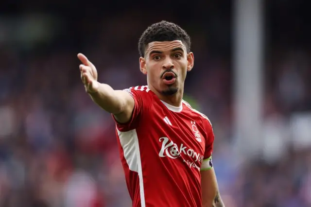 Morgan Gibbs-White gestures to a team-mate during Nottingham Forests' 2-2 draw with Wolverhampton Wanderers at the City Ground