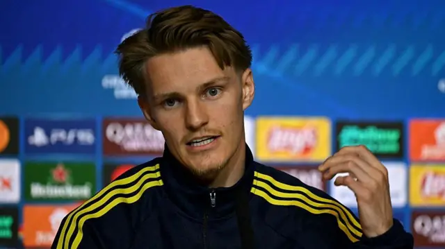 Arsenal's Martin Odegaard pictured during the pre-match news conference before the Atletico Madrid game
