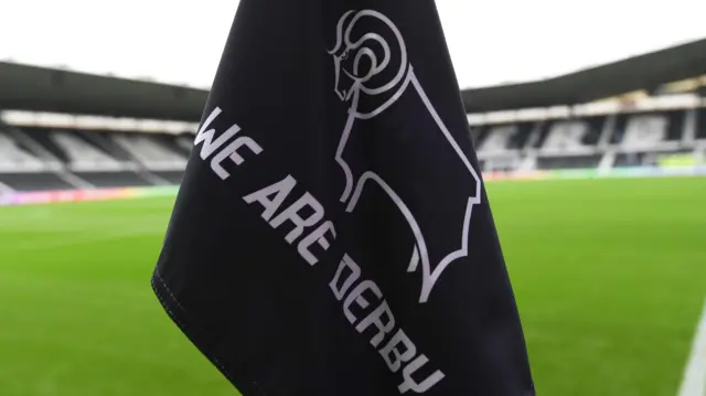 Derby County's club badge on a corner flag at Pride Park