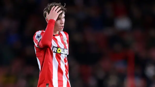 Tyler Dibling of Southampton reacts during the Premier League match between Southampton FC and Tottenham Hotspur FC at St Mary's Stadium.