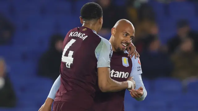 Ezri Konsa celebrates with Donyell Malen