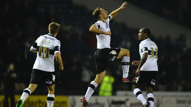 John Eustace celebrates while playing for Derby in 2014