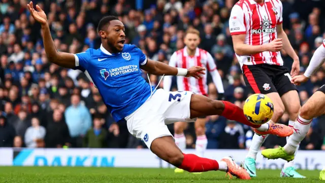 Portsmouth's Ebou Adams challenges for the ball against Southampton
