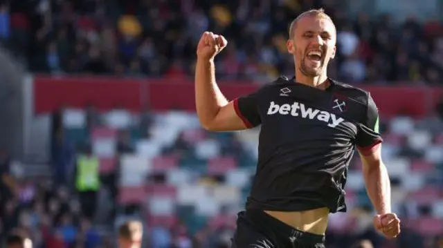 Tomas Soucek celebrates scoring for West Ham