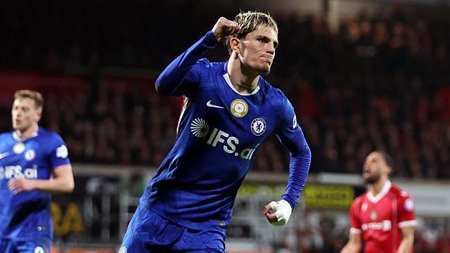 Alejandro Garnacho punches the air after forcing an own goal against Wrexham