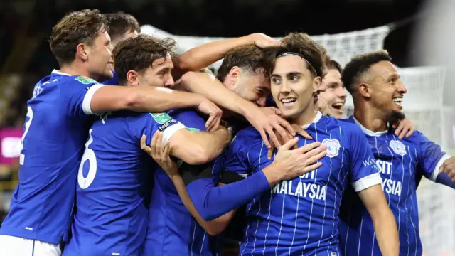 Joel Colwill celebrates with teammates in Cardiff's cup win at Burnley 