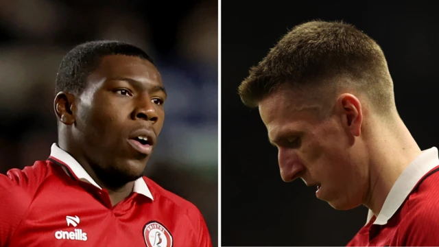 A side-by-side of close-ups of Bristol City players Sinclair Armstrong and Emil Riis