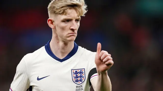 Anthony Gordon in action for England against Brazil