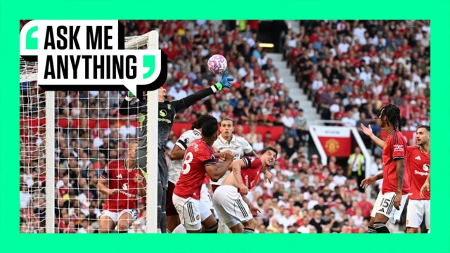 Manchester United defend a corner against Arsenal. The image is on an Ask Me Anything graphic for the BBC.