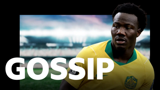 Nestory Irankunda, wearing Australia's yellow and green shirt during a World Cup 2026 match, pictured on BBC Sport's gossip column graphic which has 'gossip' written in white letters on top of a blurred out floodlit football stadium