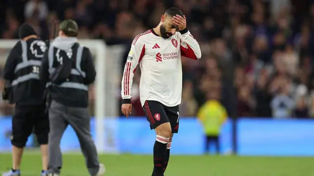 Mohamed Salah of Liverpool reacts after the Premier League match between Aston Villa and Liverpool at Villa Park.