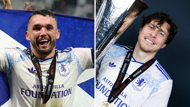 John McGinn and Victor Lindelof celebrate winning the Europa League