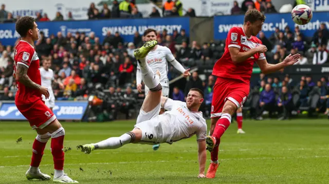 Zan Vipotnik of Swansea City shoots at the Middlesbrough goal in one of last season's encounters