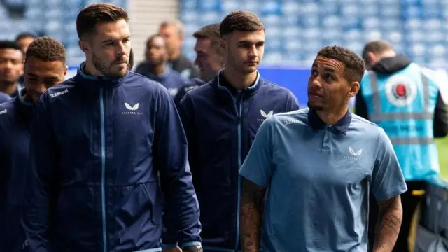 Jack Butland and James Tavernier at Ibrox