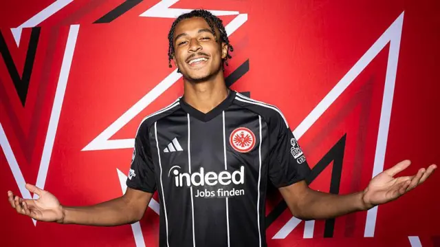 Eintracht Frankfurt winger Jean-Matteo Bahoya poses and gestures during a photoshoot