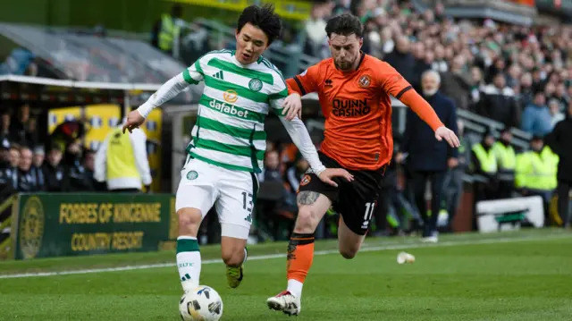 Celtic's Hyunjun Yang and Dundee United's Will Ferry in action