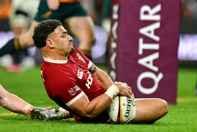 Sione Tuipulotu of British & Irish Lions scores his side's first try during the first test match in the 8th minute. 