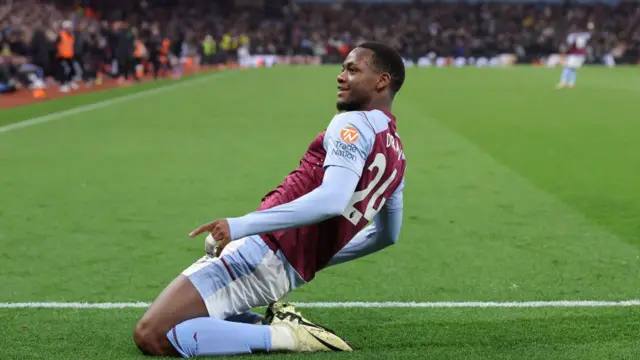 Jhon Duran of Aston Villa celebrates after scoring their third goal during the Premier League match between Aston Villa and Liverpool FC