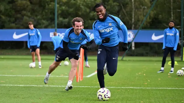 Ben Chilwell and Carney Chukwuemeka of Chelsea during a training session