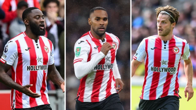 A split picture of Josh Dasilva, Rico Henry and Mathias Jensen in action