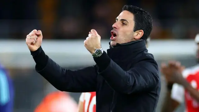 Mikel Arteta, Manager of Arsenal, celebrates at full-time