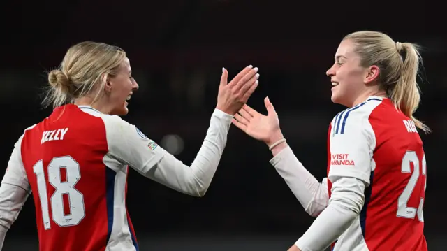 Chloe Kelly and Alessia Russo celebrate for Arsenal