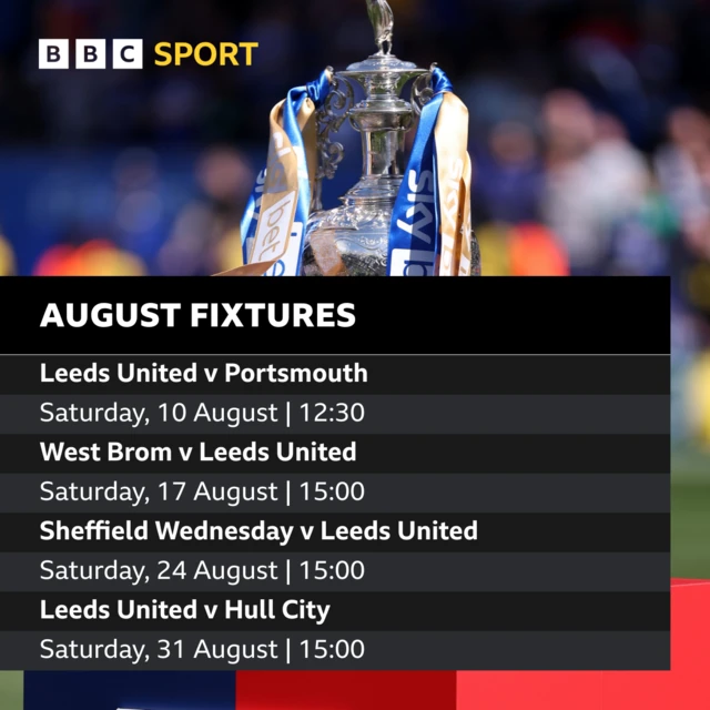 August fixtures graphic: Leeds v Portsmouth, Saturday, 10 August, 12:30, West Brom v Leeds, Saturday 17 August, 15:00, Sheffield Wednesday v Leeds, Saturday 24 August, 15:00, Leeds v Hull City, Saturday 31 August, 15:00.