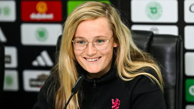 Chelsea and Scotland midfielder Erin Cuthbert at a press conference at Celtic Park