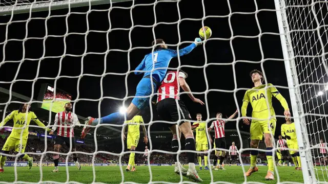 Guglielmo Vicario of Tottenham Hotspur makes a save 