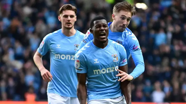 Ephron Mason-Clark celebrating scoring his first goal for Coventry City