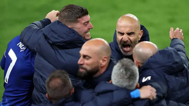 Maresca celebrates after beating Manchester United