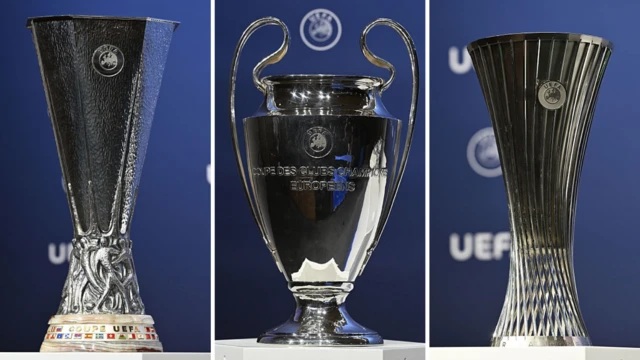 The Uefa Champions League, Europa League and Conference League trophies