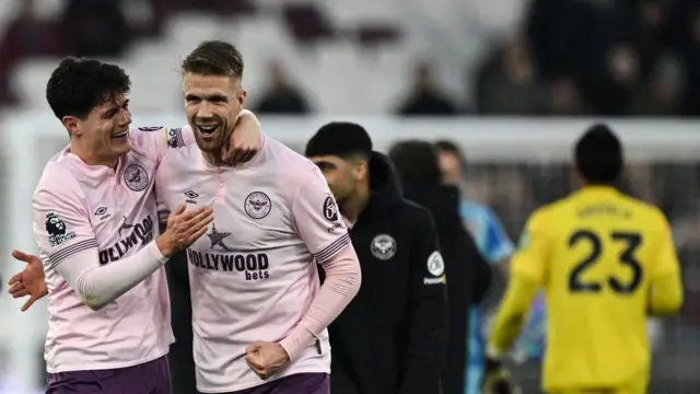 Brentford's Christian Norgaard and Kristoffer Ajer celebrate after beating West Ham