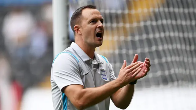 Chris Davies celebrates Birmingham's EFL Cup win at Swansea
