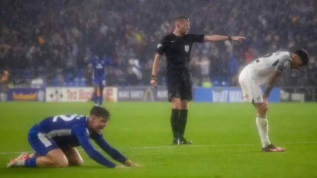 Ollie Tanner on the floor after winning a penalty for Cardiff City versus Swansea City