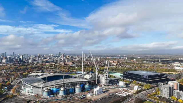 A general aerial view of the Etihad Stadium and the expansion to the North Stand adjacent to the Co-Op Live Arena