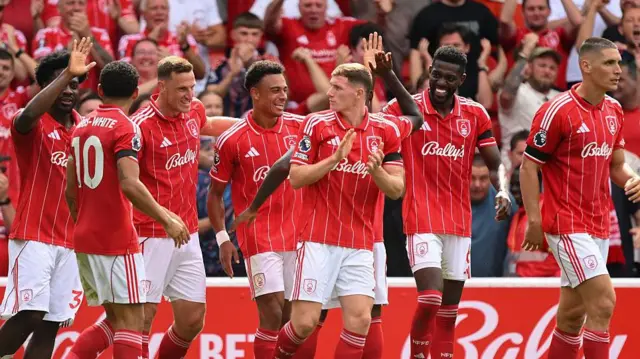 Nottingham Forest players celebrate a goal