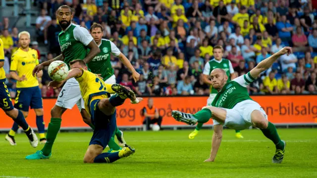 Hibernian's David Gray opens the scoring in Denmark