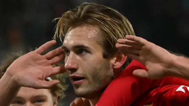Nordsjaelland's forward Benjamin Nygren celebrates after scoring a goal during the UEFA Europa Conference League football match between FC Nordsjaelland and Fenerbahce FC in Farum, Denmark