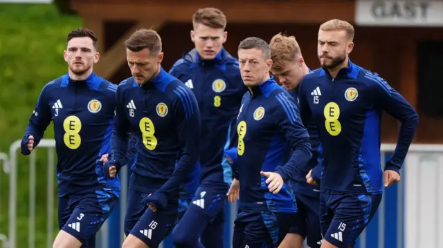 Left to right, Scotland's Andrew Robertson, Liam Cooper, Scott McTominay, Callum McGregor, Tommy Conway and Ryan Porteous during a training session at Stadion am Groben in Garmisch-Partenkirchen