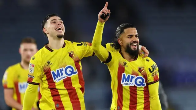 Watford duo Othmane Maamma and Imran Louza celebrating.