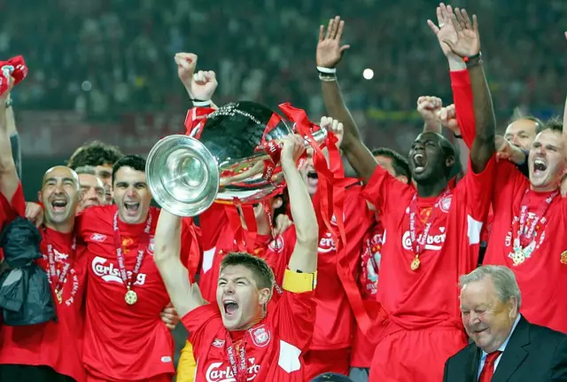 The Liverpool Team lift the Champions League Trophy after winning the final match at Ataturk Stadium on May 25, 2005