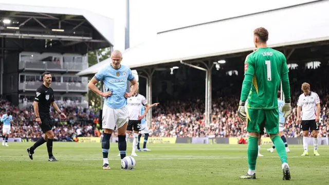 Erling Haaland of Manchester City prepares to take a penalty
