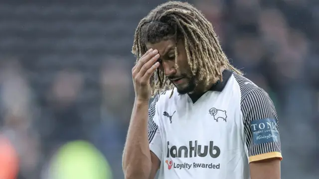 Derby's Dion Sanderson scratches his head after defeat to Preston