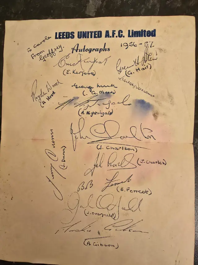 An autographed listing of the 1956-57 Leeds United team.