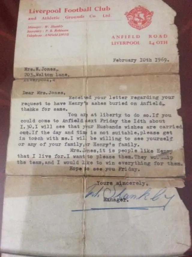 An image of a letter from Bill Shankly authorising someone to have their ashes buried at Anfield