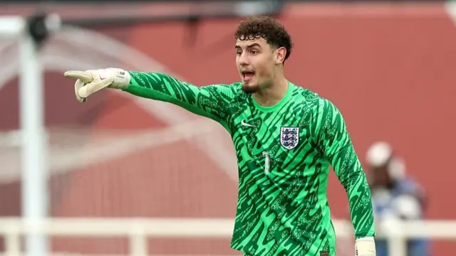 England Under-20 goalkeeper Tommy Setford points the way during the 1-0 defeat by Switzerland