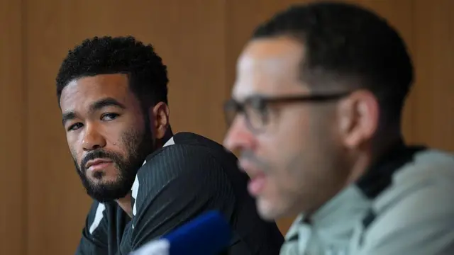 Reece James and Head Coach Liam Rosenior of Chelsea during a press conference 