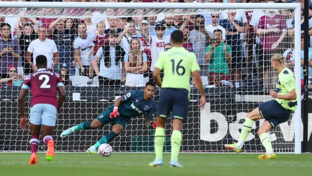 Erling Haaland scores for Manchester City against West Ham on the opening day of the 2022-23 season