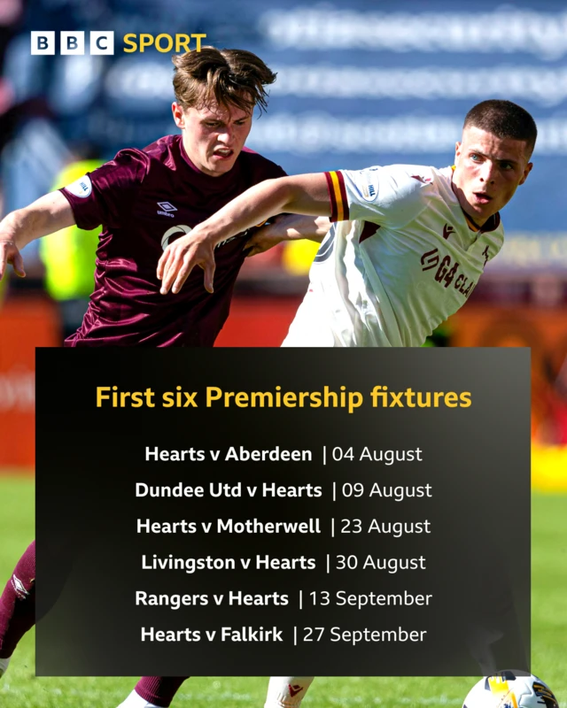 First six Premiership fixtures: Hearts v Aberdeen, Dundee Utd v Hearts, Hearts v Motherwell, Livingston v Hearts, Rangers v Hearts, Hearts v Falkirk
